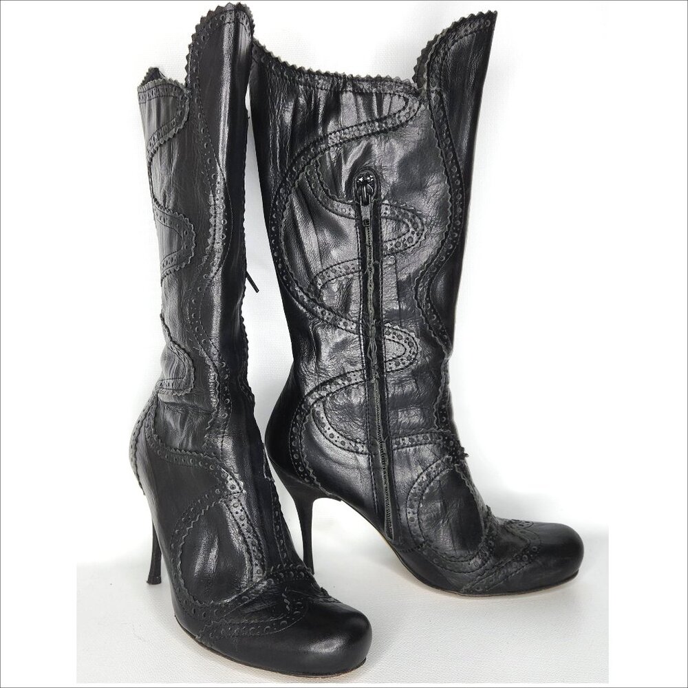 Charles David Black Leather High-Heel Western-Inspired Boots